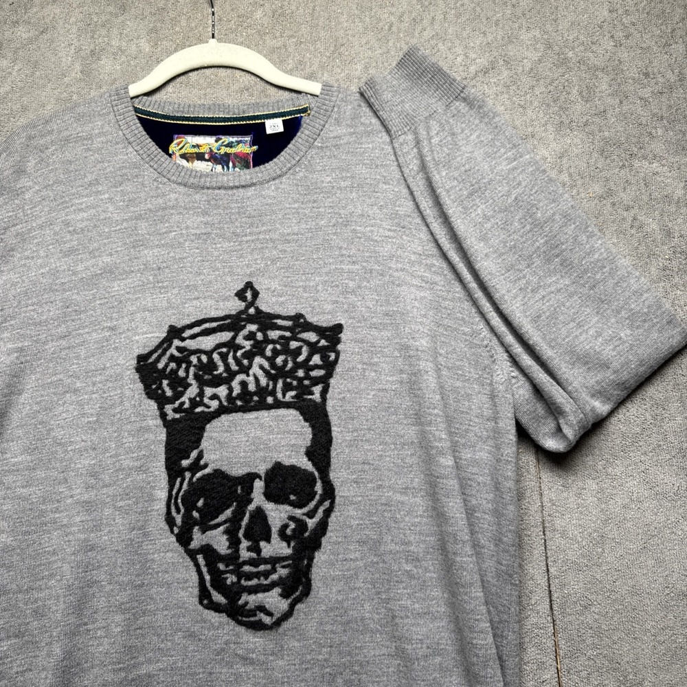 Robert Graham Skull Sweater Men's 2XL Gray Merino Wool Crown Print Pullover